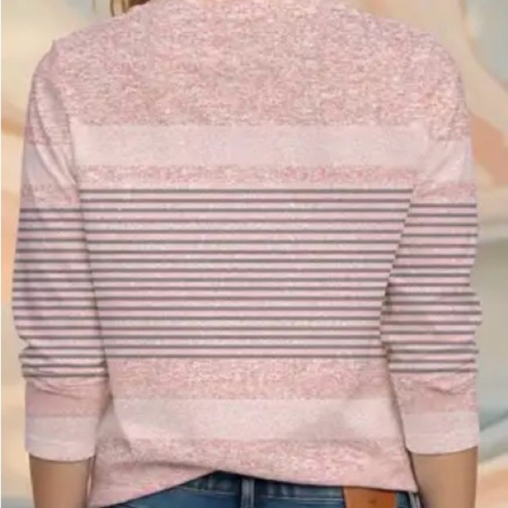 Women's Pink Striped Long Sleeve Crewneck Top - Picture 6 of 9